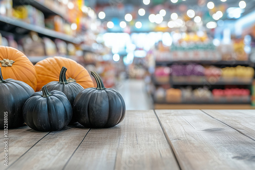 Pumpkins on a market stall. Halloween concept