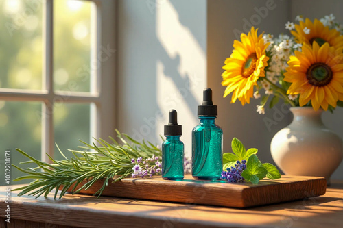 Naturopathy - Aromatherapy - Homeopathic Essential Oil bottles - AI generated