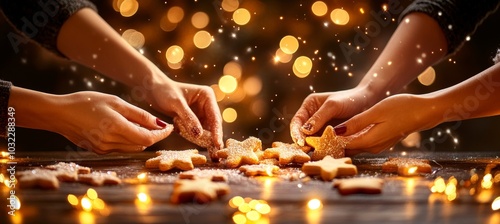 Christmas Baking Magic Hands Gently Decorating Star-Shaped Cookies Under Twinkling Fairy Lights.