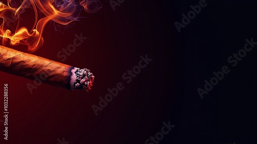 Burning cigar with smoke against a dark background, showcasing rich textures and tones.