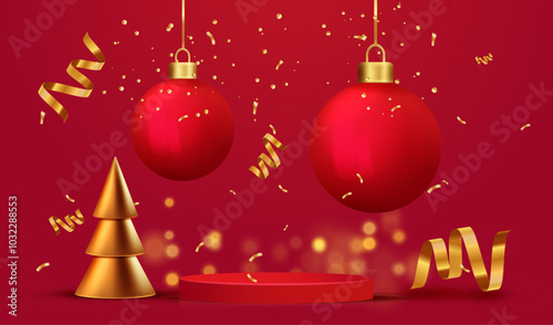 Merry Christmas background with balls hanging on red podium and gold ribbon confetti. Holiday red card. Vector x-mas display for sale product design.