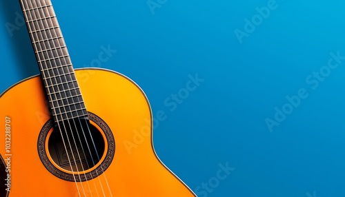 Acoustic guitar on a vibrant blue background, showcasing its fine craftsmanship and inviting musical tones. photo