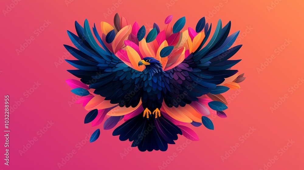 Fototapeta premium Colorful artistic eagle surrounded by vibrant leaves, symbolizing freedom and nature's beauty.