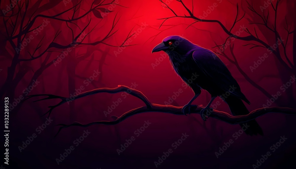 Fototapeta premium A dark raven perched on a branch against a mysterious red and black background, evoking a sense of intrigue and nature's beauty.