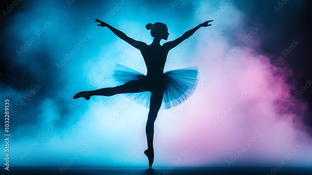 Silhouette of a graceful ballerina dancing in colorful fog under soft lighting. Silhouette of a graceful ballerina dancing in colorful fog under soft lighting.