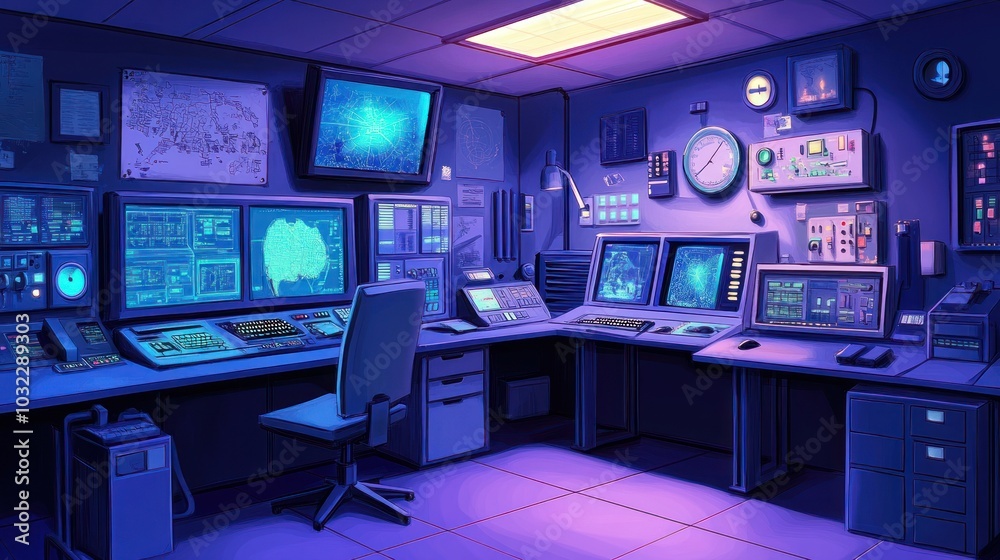 A Purple-Lit Control Room with Multiple Monitors and Desk A Purple-Lit Control Room with Multiple Monitors and Desk