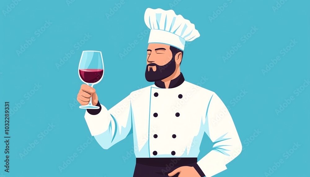 Chef in a white uniform holding a glass of red wine against a turquoise background. Chef in a white uniform holding a glass of red wine against a turquoise background.
