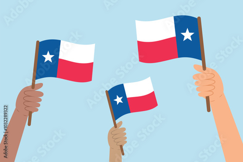 Diverse people hands raising flags of Taxes. Vector illustration of Taxes flags in flat style on blue background.