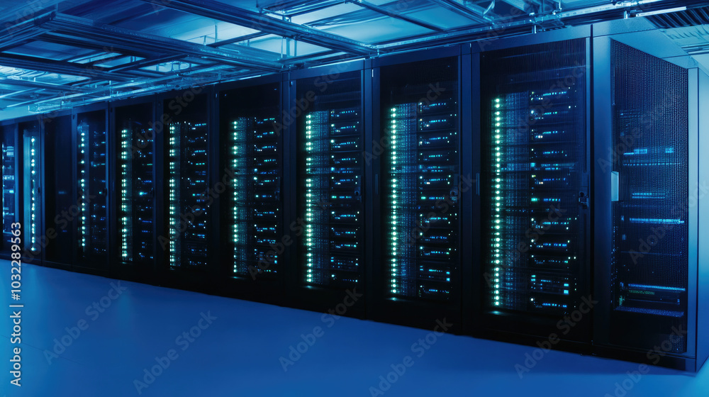 Sleek Server Room with Glowing Hardware Against Minimalist Background for Tech Depiction Sleek Server Room with Glowing Hardware Against Minimalist Background for Tech Depiction
