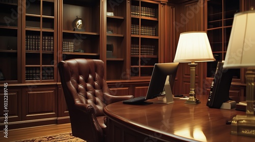 Executive Office:  A leather office chair sits behind a large wooden desk,  facing a computer screen in a dimly lit, upscale office.