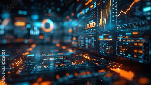 Wallpaper Mural A futuristic, abstract representation of data and technology, with glowing orange and blue lines and digital displays. Torontodigital.ca