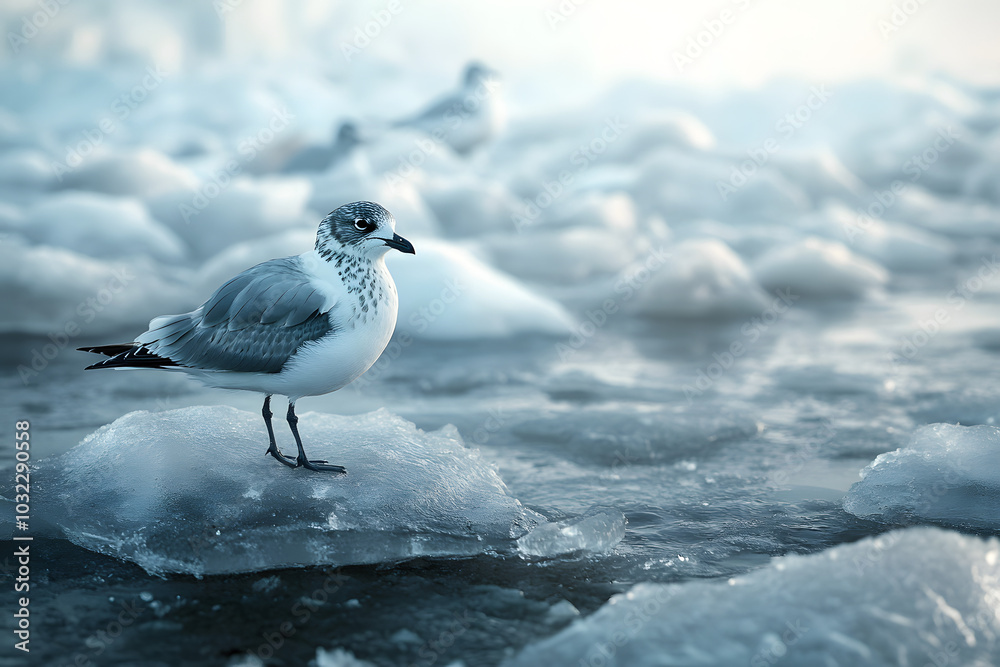 Fototapeta premium Seagull standing on floating ice in a frozen winter landscape, arctic bird wildlife, cold sea, icy water, migration, survival, nature, ocean, climate change, scenic photography