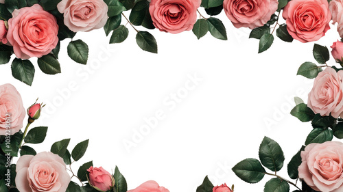 Beautiful pink rose frame with lush green leaves, perfect for romantic or floral-themed designs and decorations on transparent background.