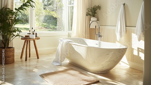 Luxury Bathroom with Breathtaking Views: Immerse yourself in a serene sanctuary where modern design meets natural beauty. This luxurious bathroom features a freestanding bathtub, sleek double vanity.