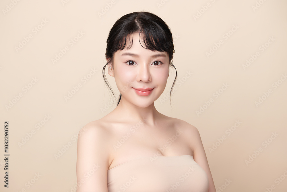 Beautiful young asian woman with clean fresh skin on beige background, Face care, Facial treatment, Cosmetology, beauty and spa, Asian women portrait. Beautiful young asian woman with clean fresh skin on beige background, Face care, Facial treatment, Cosmetology, beauty and spa, Asian women portrait.