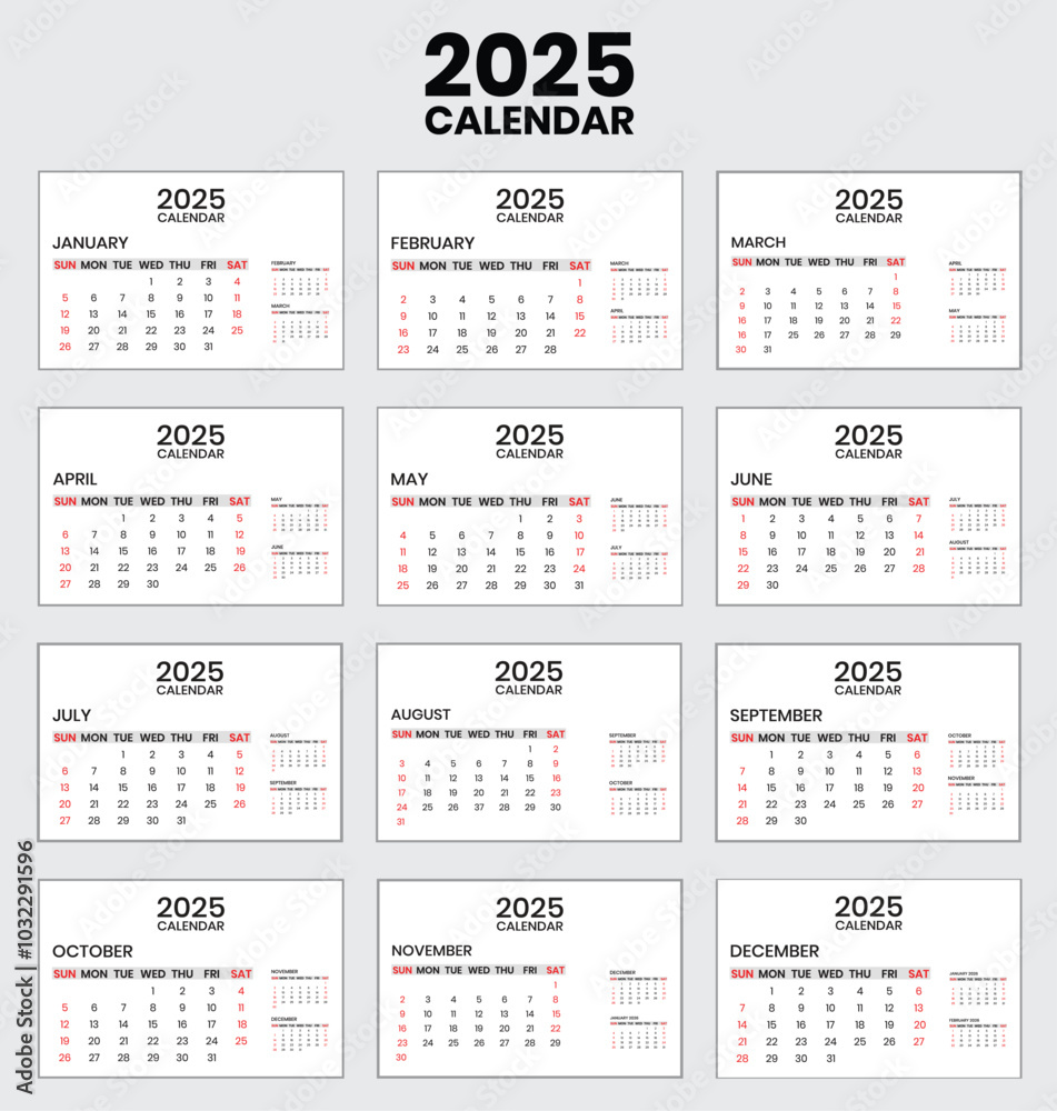 Calendar template for 2025 year. 12 month Stationery design. Vector illustration. Planer design for personal and business use Calendar template for 2025 year. 12 month Stationery design. Vector illustration. Planer design for personal and business use