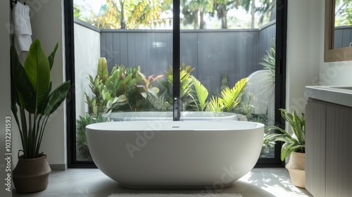 Luxurious Bathroom Oasis: Modern marble bathroom design with a large window showcasing a lush tropical garden.  Freestanding bathtub, double sinks, and natural light create a spa-like atmosphere. 