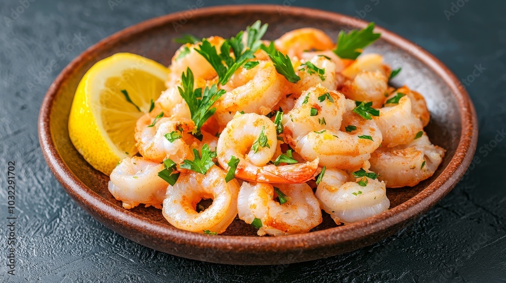 Juicy shrimp garnished with herbs and served with a lemon slice on a rustic plate. Juicy shrimp garnished with herbs and served with a lemon slice on a rustic plate.