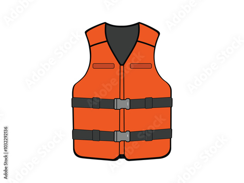 Graphic illustration of an orange life jacket with black safety straps and buckles, designed for water safety and personal flotation.
