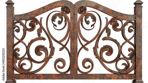 An ornate, rusted iron gate featuring intricate scrollwork and decorative elements, set against a transparent background.