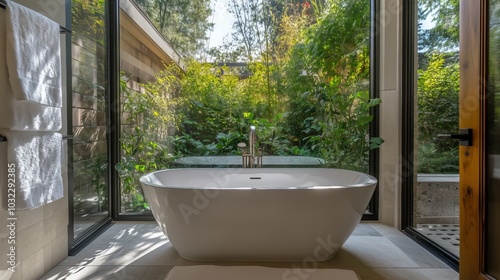 Luxurious Bathroom Oasis: Modern marble bathroom design with a large window showcasing a lush tropical garden.  Freestanding bathtub, double sinks, and natural light create a spa-like atmosphere. 