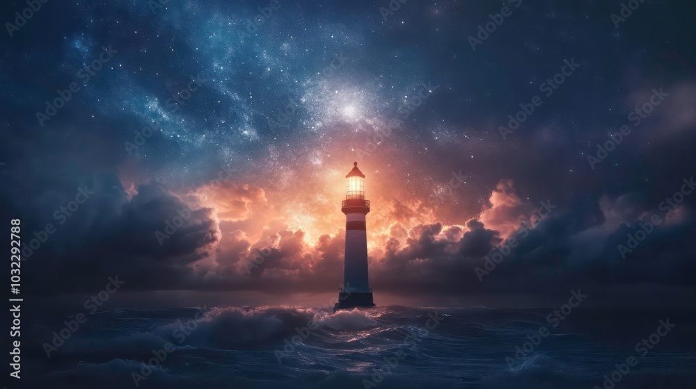 A lighthouse stands tall against a dramatic night sky with a starry sky, illuminating the sea below. A lighthouse stands tall against a dramatic night sky with a starry sky, illuminating the sea below.