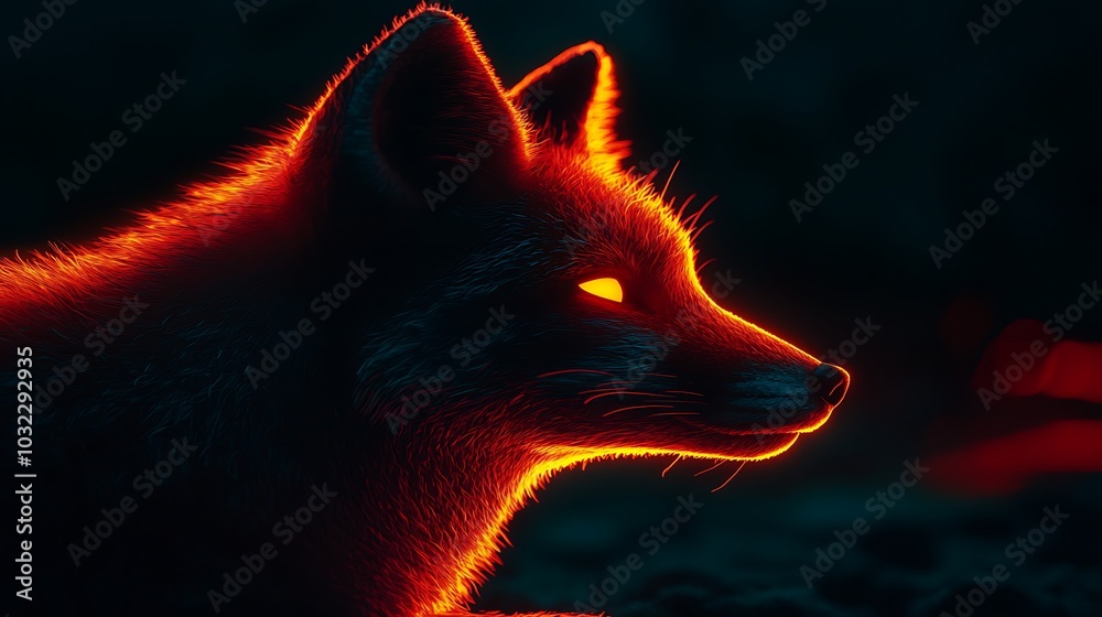 A stylized fox with glowing orange fur against a dark background. A stylized fox with glowing orange fur against a dark background.
