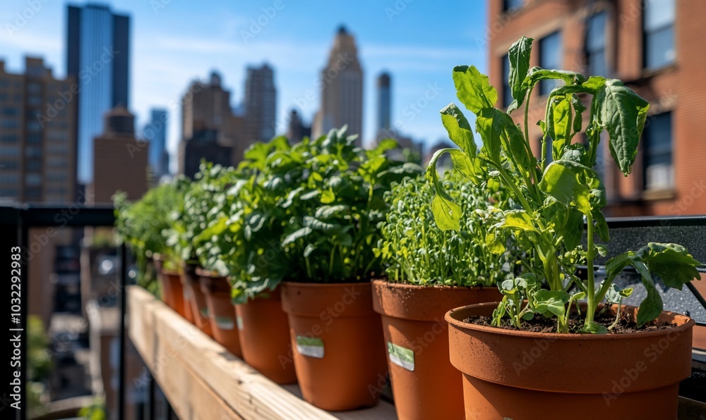 Potted herbs on a balcony with a city skyline backdrop. Potted herbs on a balcony with a city skyline backdrop.