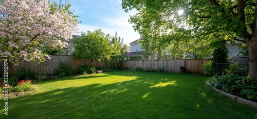 A serene backyard with lush grass and blooming trees under a clear sky.