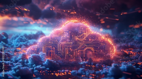 A glowing cloud symbol with circuit board design, set against a backdrop of blue, purple and orange clouds.