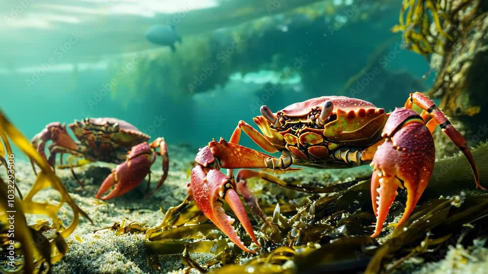 Underwater scene featuring crabs among seaweed in a vibrant marine environment. Underwater scene featuring crabs among seaweed in a vibrant marine environment.