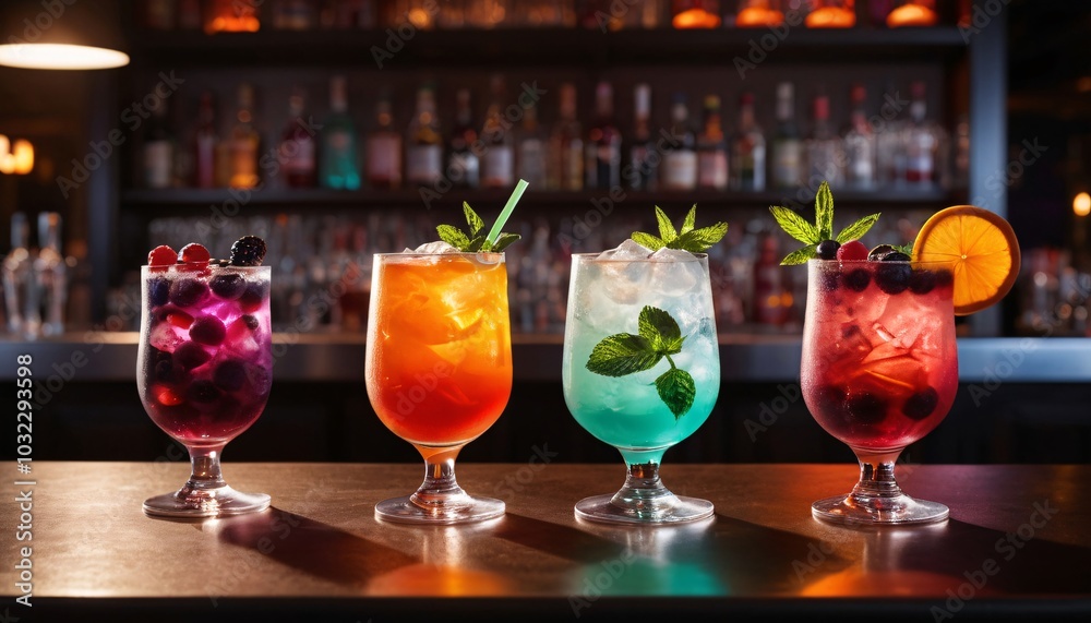 Variety of colorful cocktails with ice and garnishes on a bar counter. Variety of colorful cocktails with ice and garnishes on a bar counter.