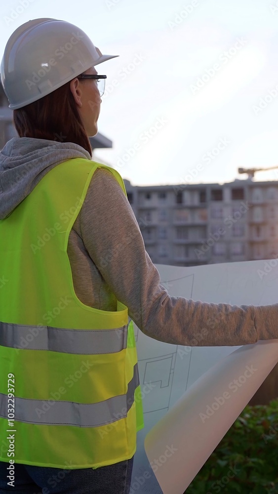 Woman an architect or engineer wearing safety hard hat and vest holding blueprint while inspecting a construction site at sunrise, vertical back view. Architecture and engineering Woman an architect or engineer wearing safety hard hat and vest holding blueprint while inspecting a construction site at sunrise, vertical back view. Architecture and engineering