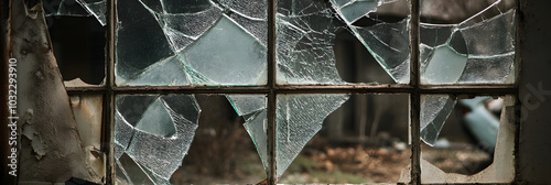 Broken window glass, shattered glass texture, abandoned place, damaged window frame, rustic look, urban decay, vintage aesthetic, old broken glass close-up, cracked glass photography photo