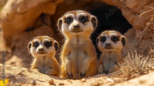 Adorable Meerkat Family Standing on Alert: Perfect for Wildlife Photography and Nature Documentaries