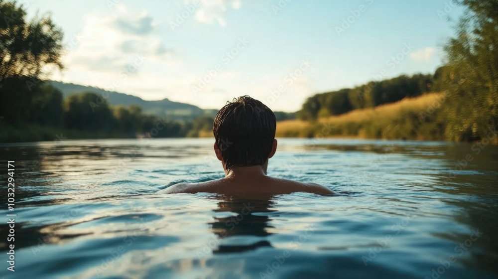 Fototapeta premium Man relaxing in serene river at sunset with lush green trees and hills in background, embracing water wellness