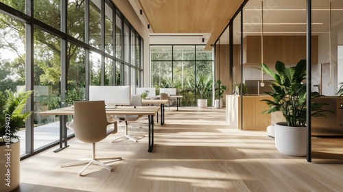 Modern Office with Natural Light: A bright and airy workspace with large windows, hardwood floors, and lush greenery creates a welcoming and productive environment.