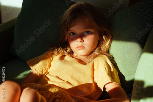 Girl sitting in sunlight wearing a yellow shirt. photo