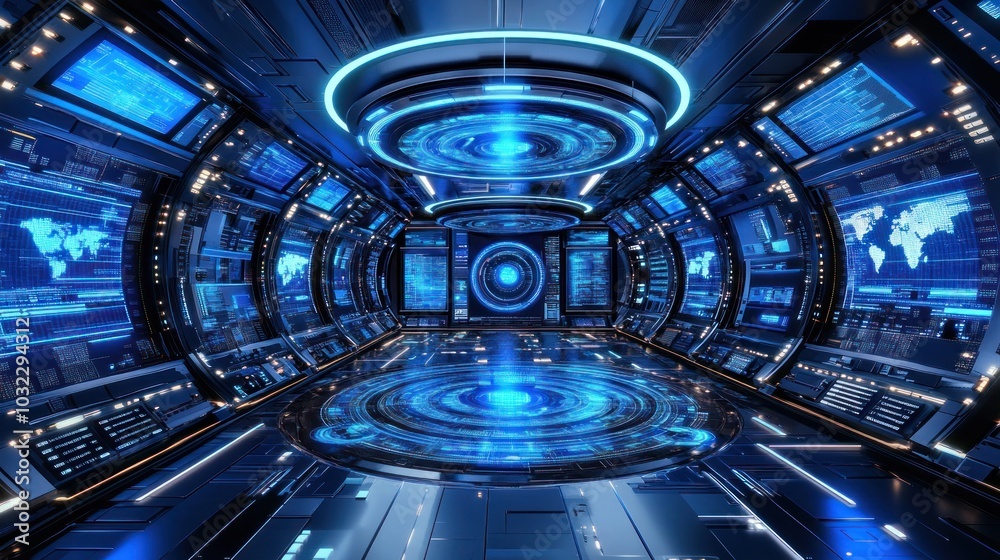 Futuristic Blue-Lit Control Room with World Map Displays Futuristic Blue-Lit Control Room with World Map Displays