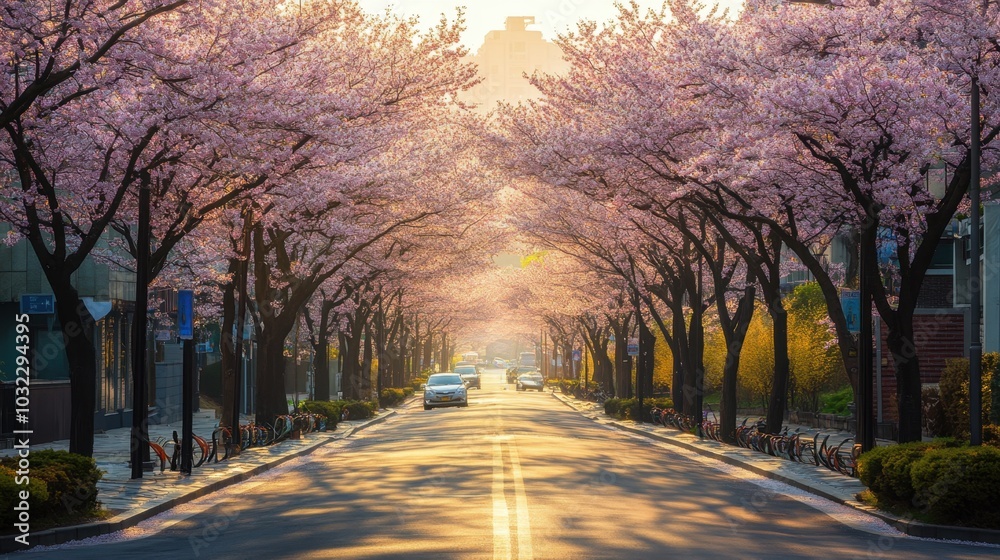 Cherry blossoms in full bloom along the streets of Seoul, with detailed petals and soft sunlight. Cherry blossoms in full bloom along the streets of Seoul, with detailed petals and soft sunlight.