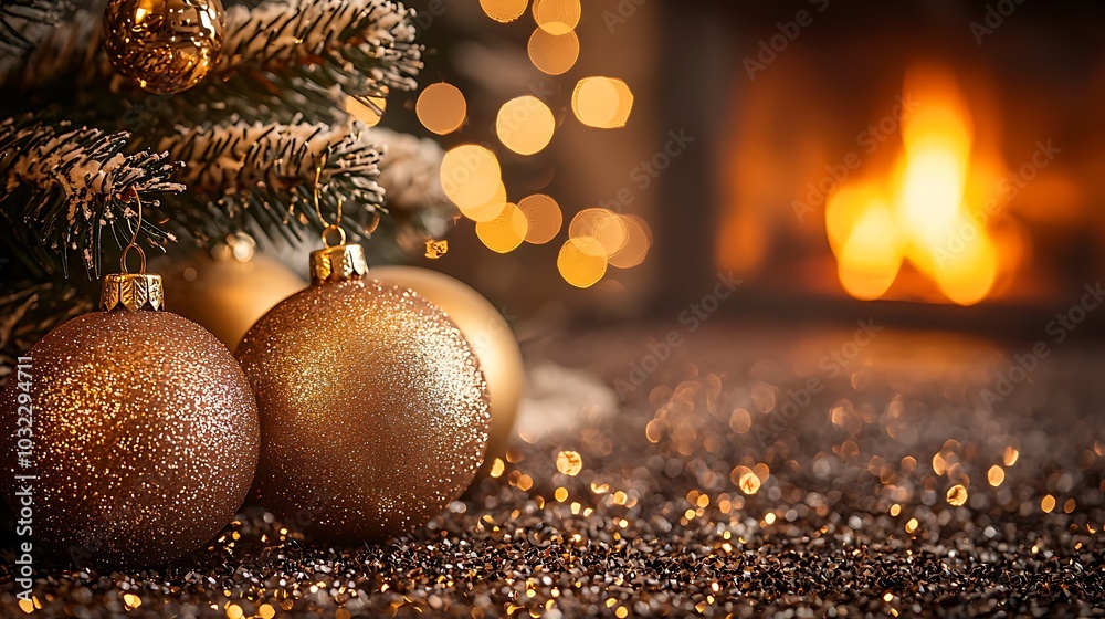 Fototapeta premium Sparkling Ornaments on Christmas Tree by Fireplace
