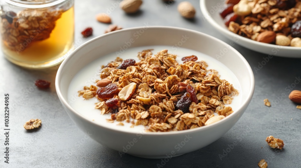 A bowl of yogurt topped with granola, nuts, and dried fruits, served with honey. A bowl of yogurt topped with granola, nuts, and dried fruits, served with honey.