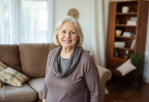 A middle aged woman standing in her living room and smiling warm