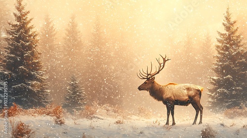 Reindeer Grazing in Snowy Pine Forest