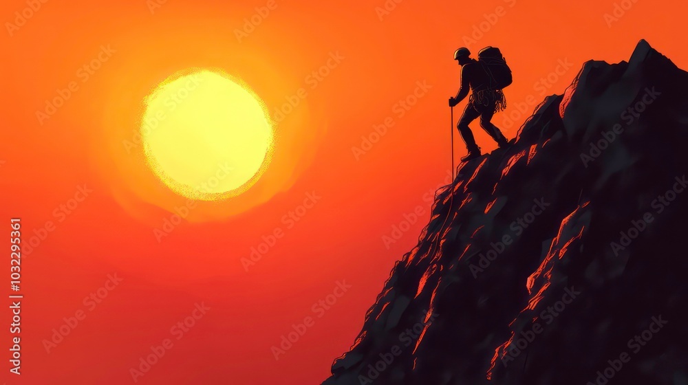 A lone hiker stands on a mountain peak at sunset, silhouetted against the bright orange sky. A lone hiker stands on a mountain peak at sunset, silhouetted against the bright orange sky.