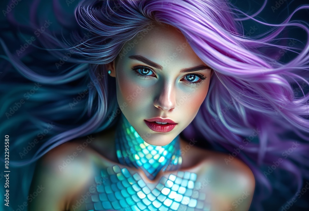 An avatar of a magical mermaid with iridescent scales and flowin An avatar of a magical mermaid with iridescent scales and flowin
