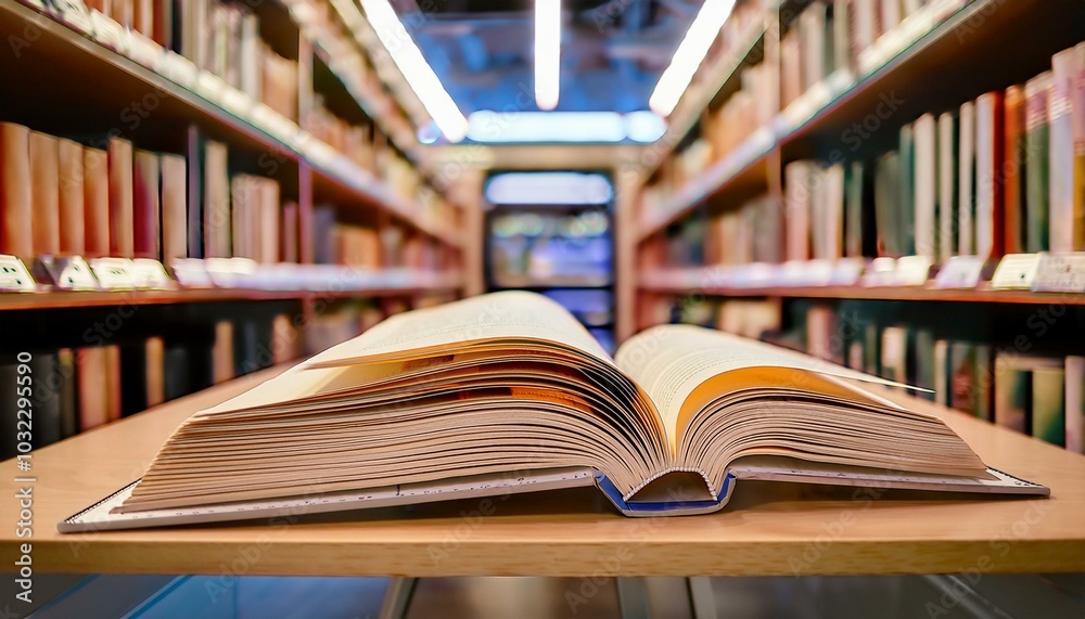 Fototapeta premium Beige book displayed on a stand in a well lit bookstore, welcoming readers. Generative AI