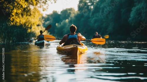 Tranquil kayaking adventure on a serene river amidst lush greenery in golden sunlight reflecting water wellness