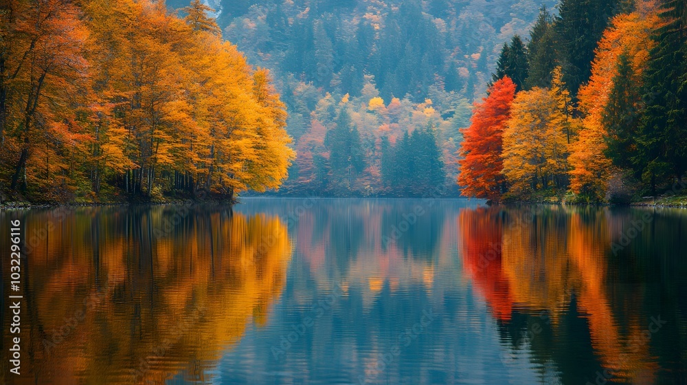 Obraz premium Breathtaking Autumnal Landscape Reflected in Serene Mountain Lake