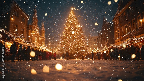 Beautifully Lit Christmas Tree in Town Square photo